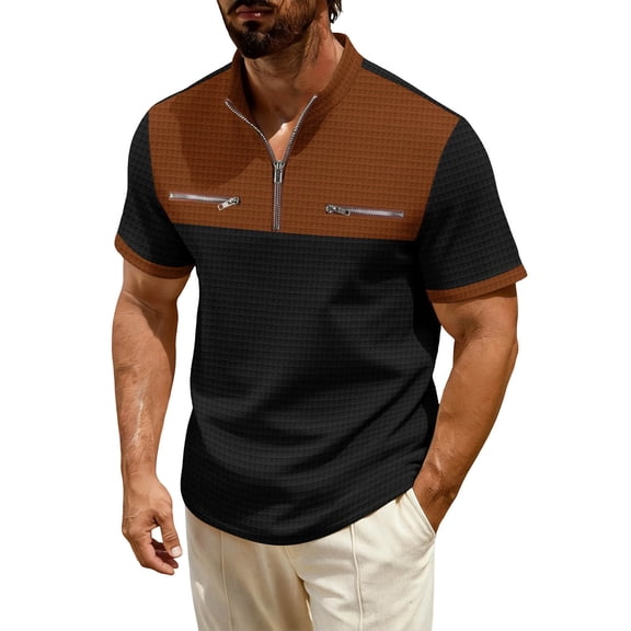Fmbrln Summer Tops for Men Color Block Half-Zip Collar Short Sleeve T-Shirts Lounge Casual Pullover Tees