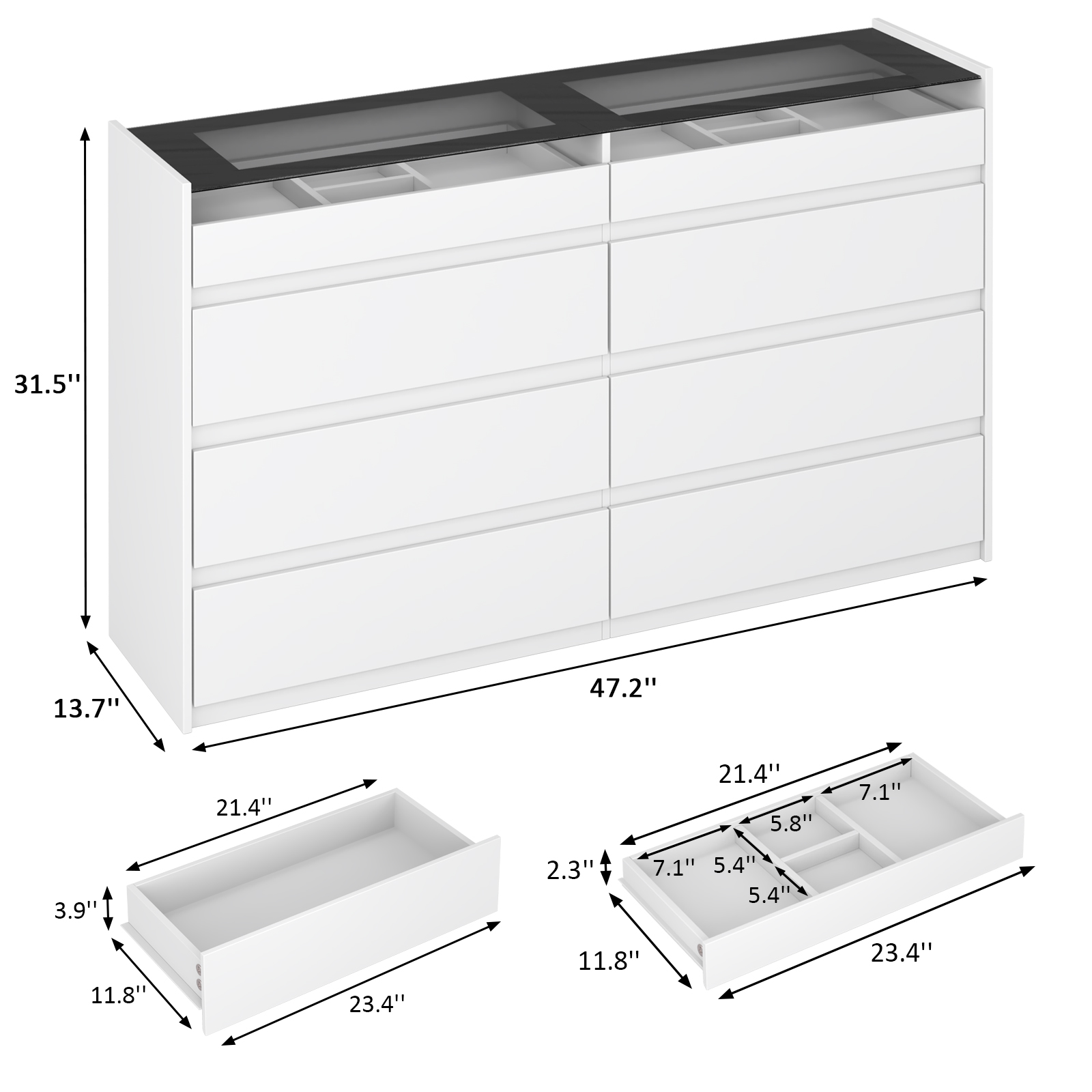 47.2" White 8-Drawer Dresser with LED Light, Modern Storage Chest for Bedroom