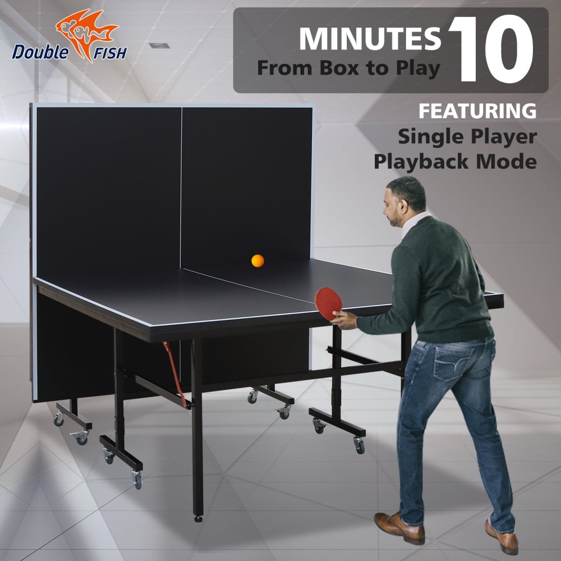 Double Fish 9 Foot Folding Table Tennis Table With 2 Paddles 3 Balls And Net Set Rollable Design With 8 Wheels For Easy Transport And Storage