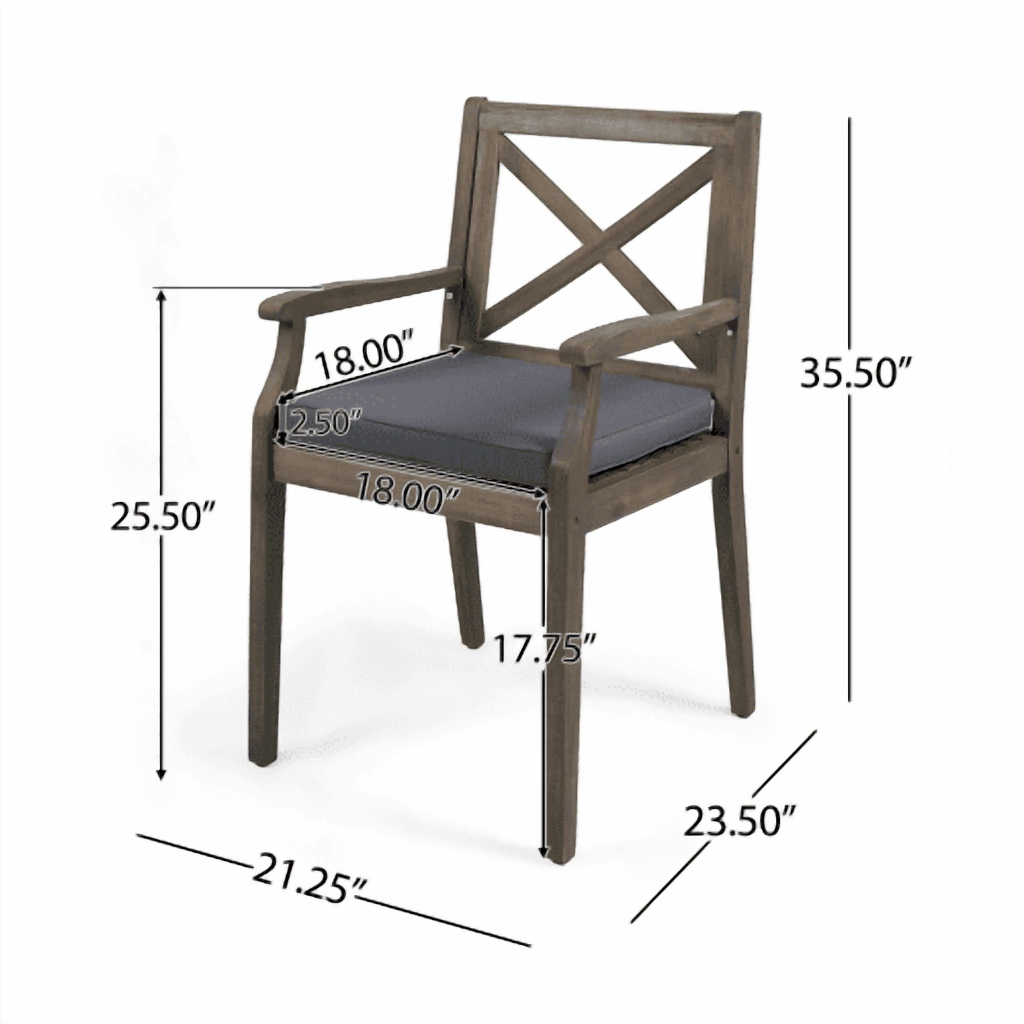 Outdoor Dining Chair Set of 2 with Acacia Wood and Grey Cushions, Patio Chairs and Garden Seating for Backyard Poolside, Teak and Grey