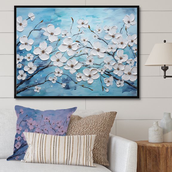 Designart "Serene Dogwood Enchantment III" Flower Field Floater Framed Wall Art Living Room