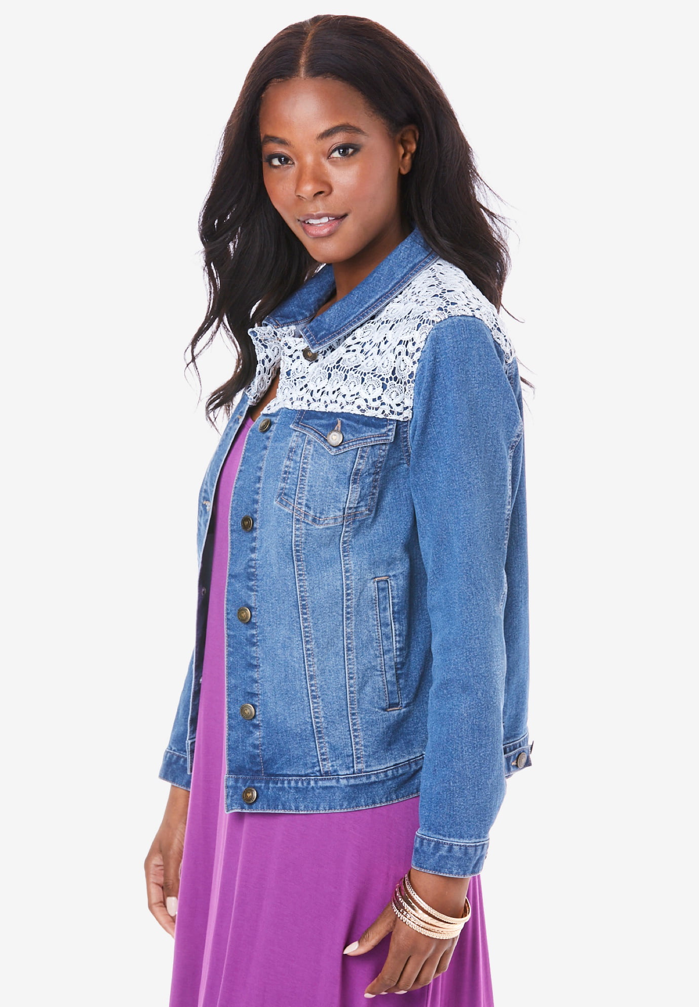 Roaman's Women's Plus Size Lace Yoke Denim Jacket