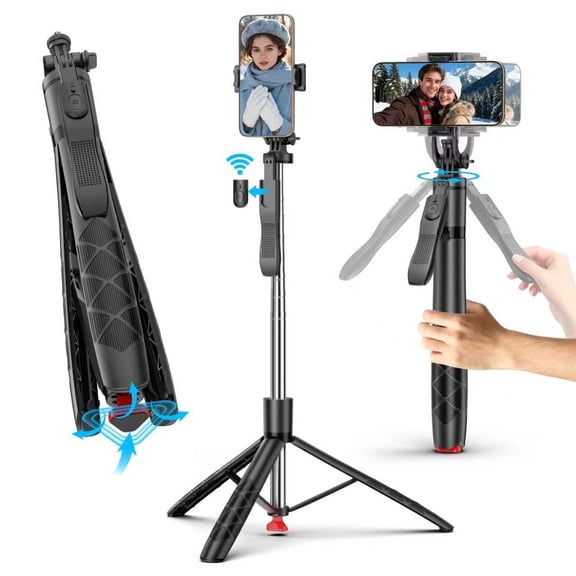 ‌SelfieShow Automatic Tripod, 70'' Selfie Stick Tripod with 360Rotation and Remote Control, Compatible with iPhone/Android (Black)