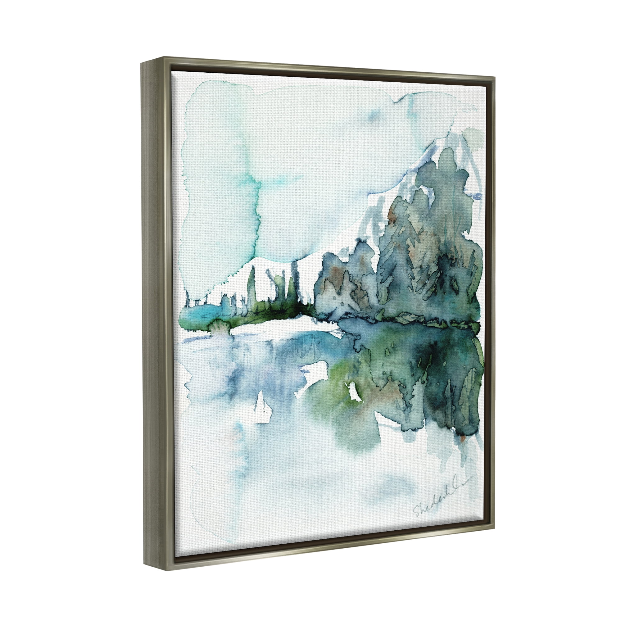 Stupell Industries Trees Lake Reflection Modern Landscape Watercolor Effect Painting Luster Gray Floating Framed Canvas Print Wall Art, Design by Kendra Shedenhelm