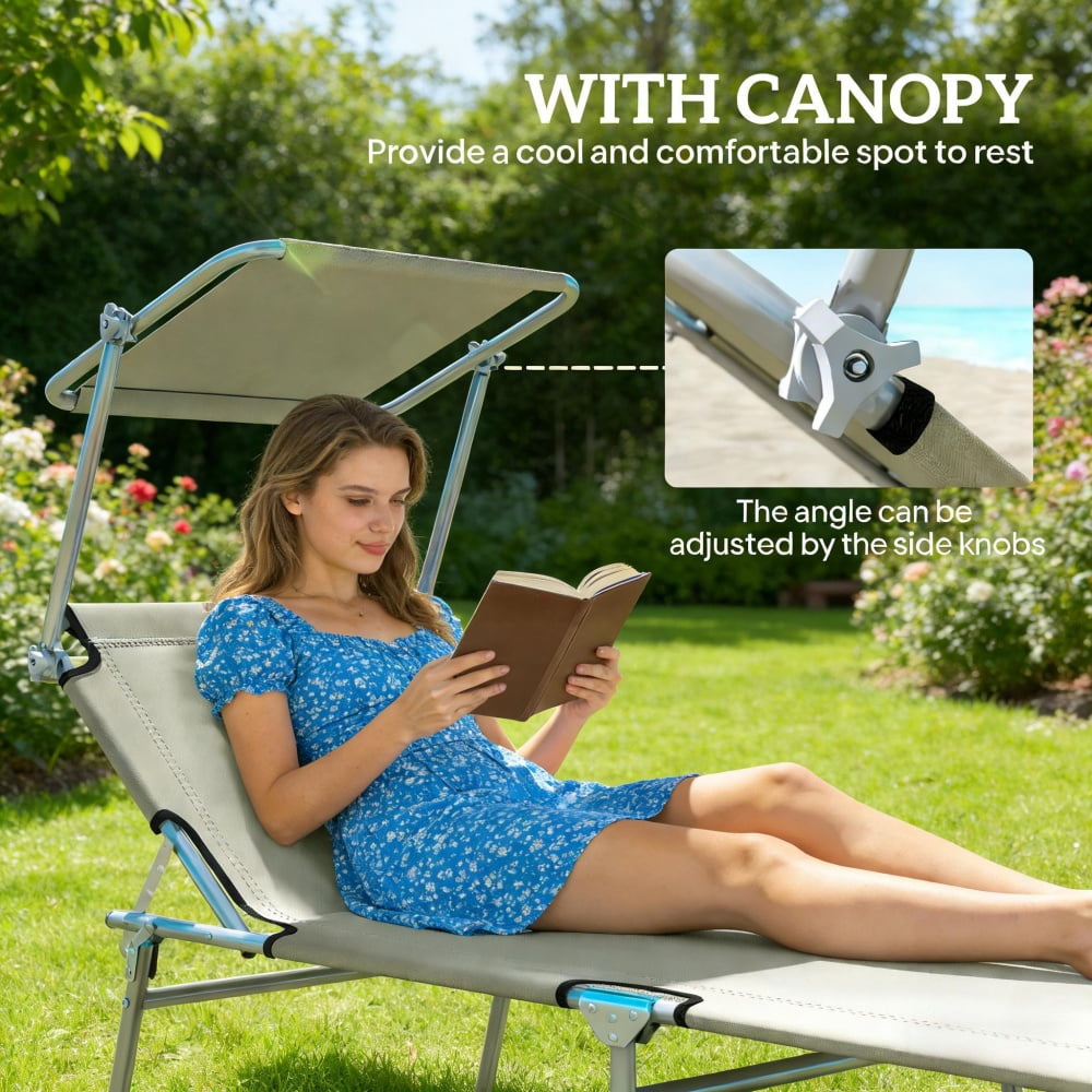 Outdoor Folding Chaise Lounge with Detachable Adjustable Sun Awning, 4-Level Reclining Backrest, Cream White Portable Pool Beach Lounger
