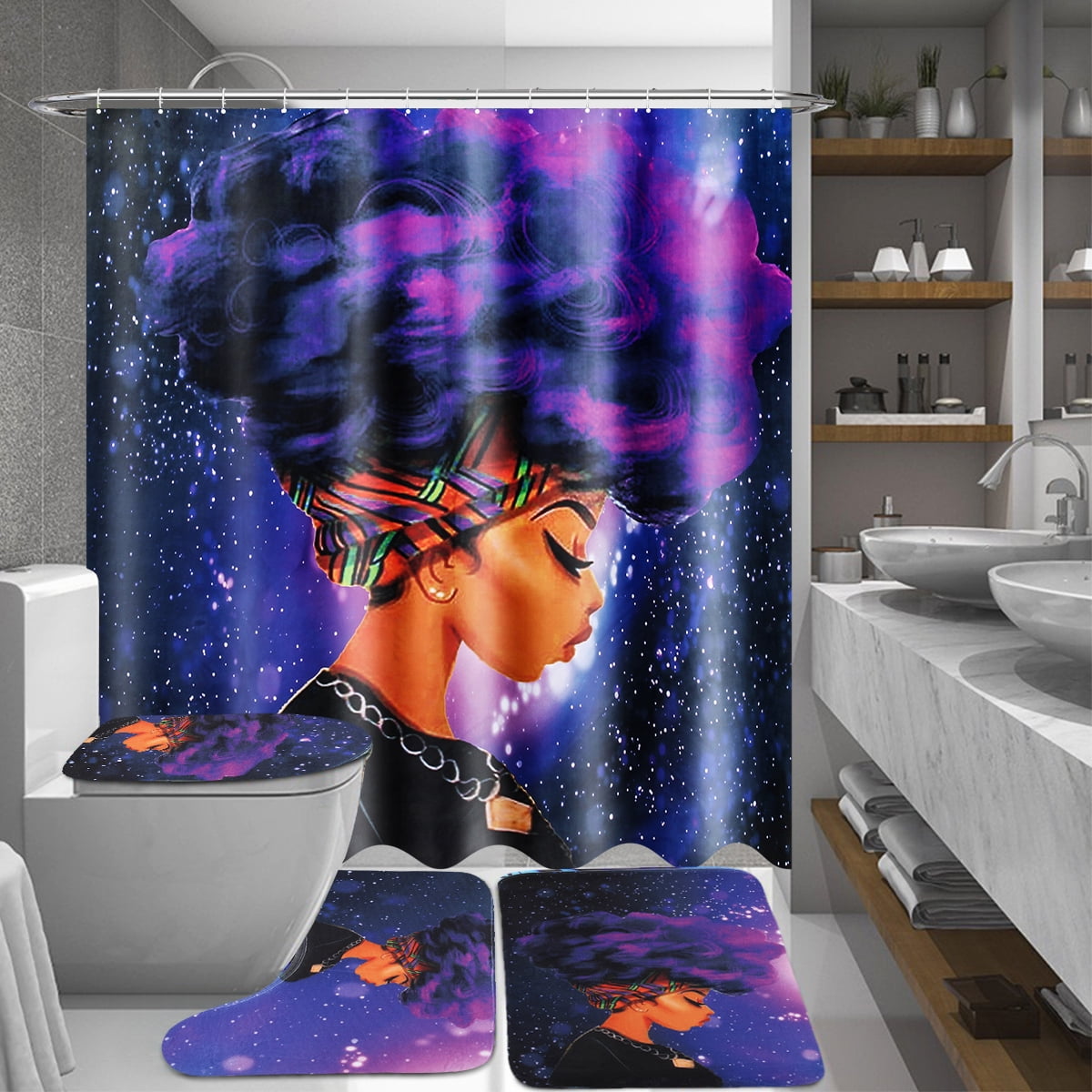 African Girl Bathroom Rug Set Shower Curtain Non Slip Toilet Lid Cover Bath Mat 