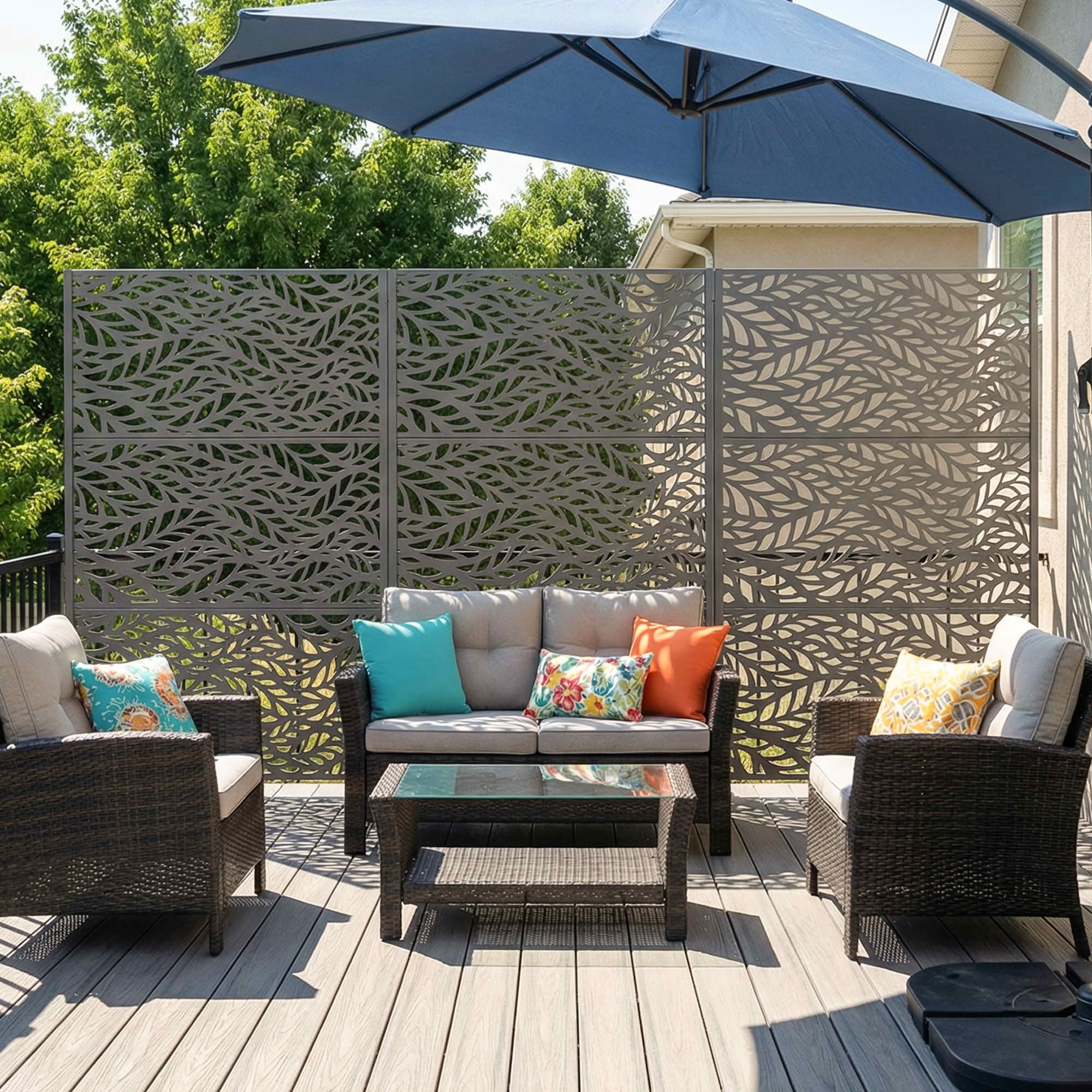 MAYEERTY Grey Rectangular Galvanized Metal Privacy Screen, Outdoor Garden Patio, 72×47×16in, 3 Panels