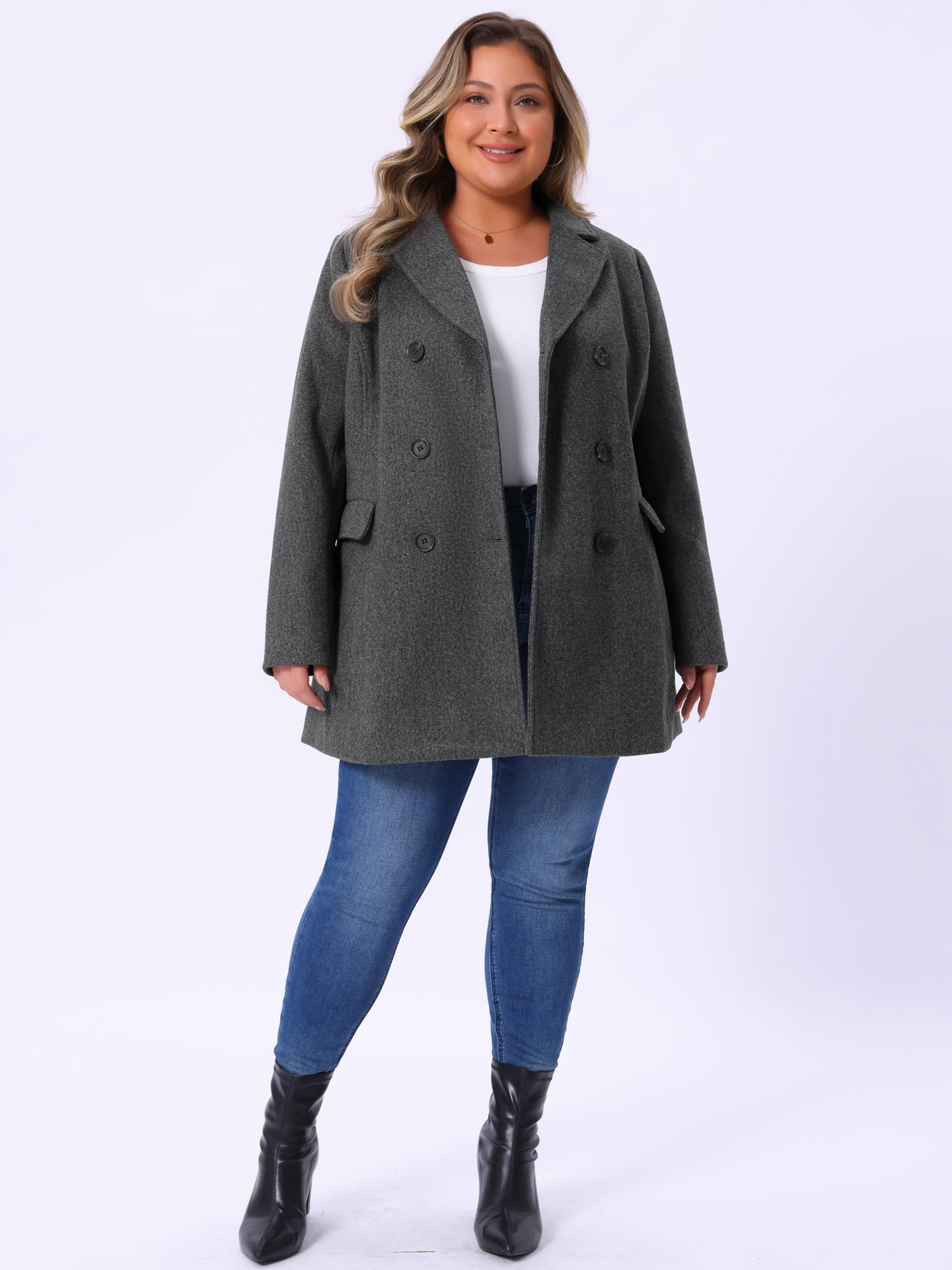 DARING DIVA Women's Plus Size Notched Lapel Double Breasted Long Coat 3X Dark Grey