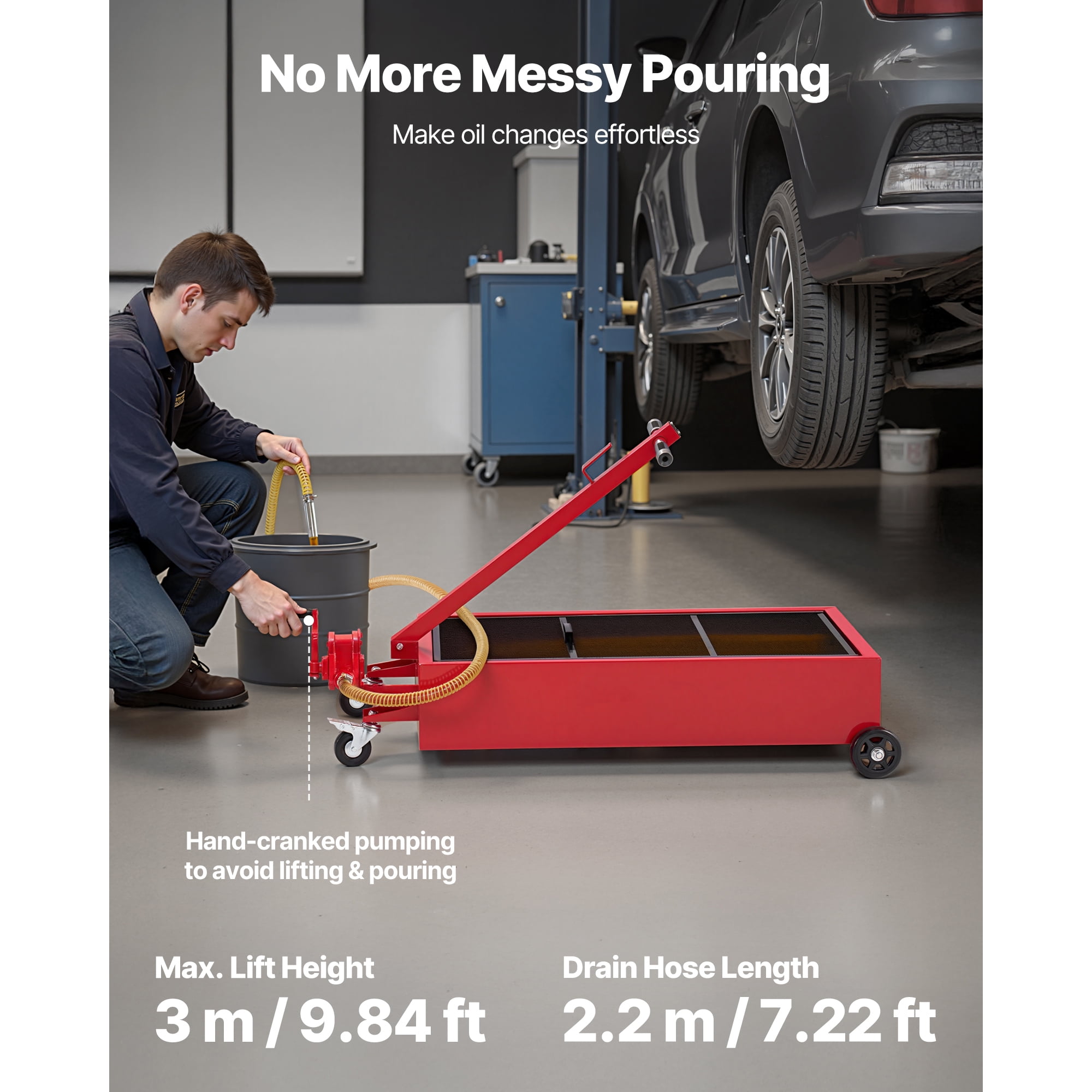 KFFKFF 20-Gallon Low-Profile Oil Drain Pan with Manual Pump, Rolling Design, 7.2 ft Hose, T-Handle, Durable and Corrosion-Resistant, Suitable for Cars, SUVs, Trucks, and ATVs, Red