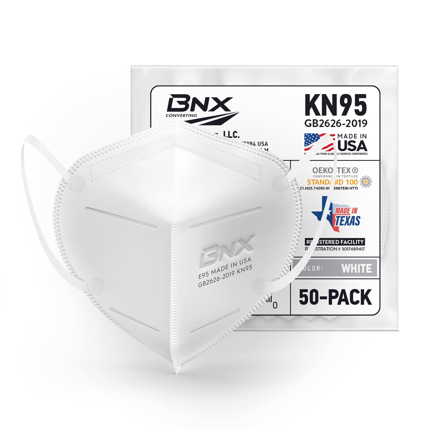 BNX KN95 White Face Masks (50-Pack), (Earloop) (Model: E95)