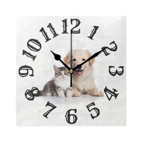 Cat and Dog Wall Clock Square Silent Non Ticking Battery Operated Clock for Home Bathroom Kitchen Bedroom Living Room