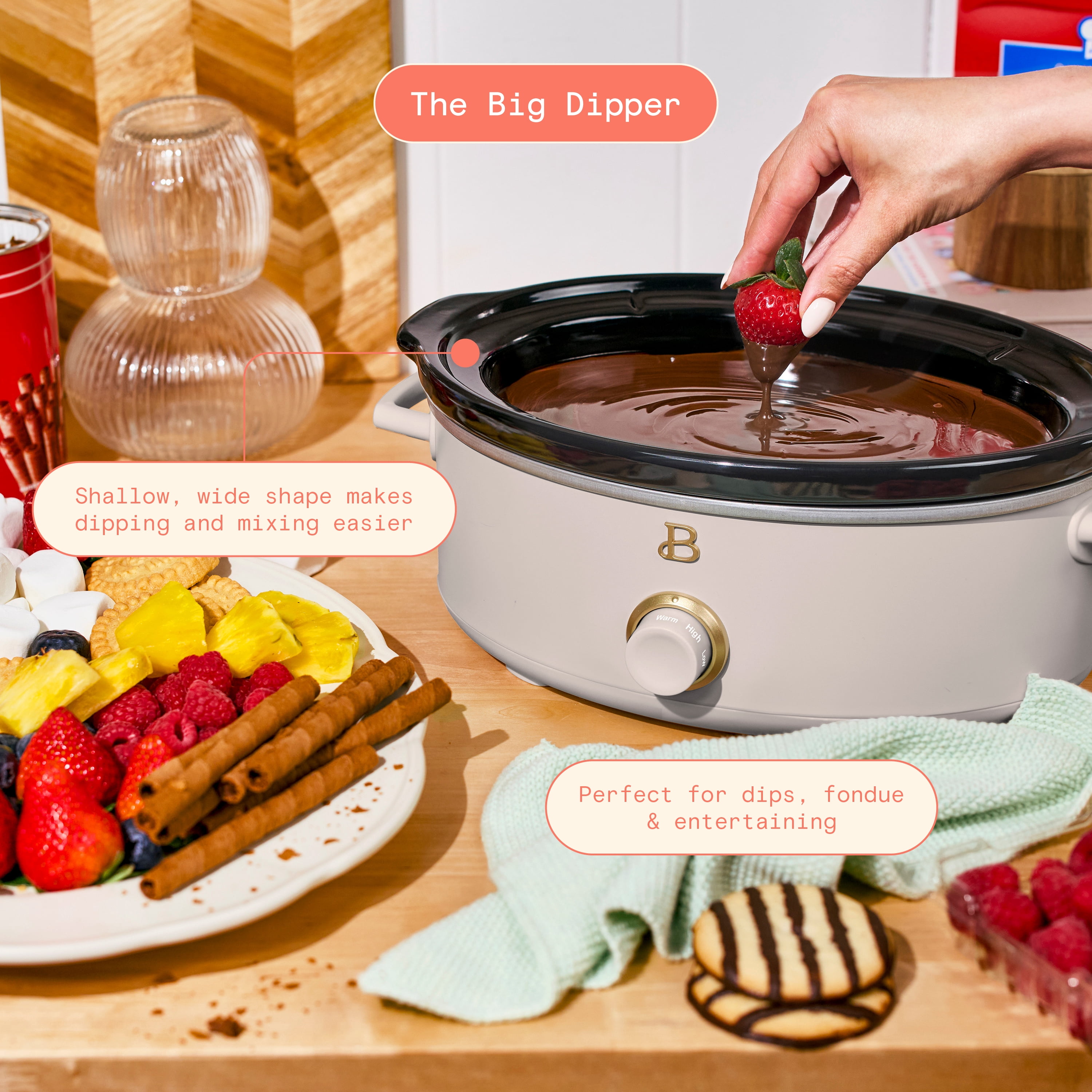 Beautiful 2.5 Qt Dip and Serve Manual Slow Cooker, Porcini Taupe by Drew Barrymore
