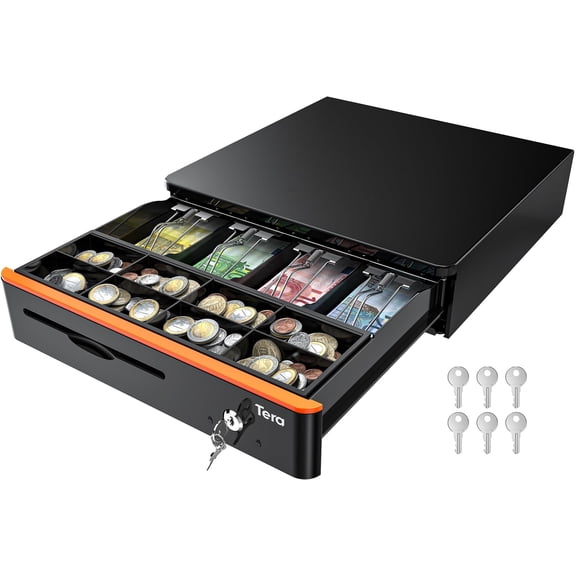 Tera 16 Inch Auto Open Cash Drawer, Heavy Duty Cash Holder with Removable Tray, 5 Bill/8 Coin, Media Slot, 24V RJ12 Key-Lock for Small Business Retail POS 405R