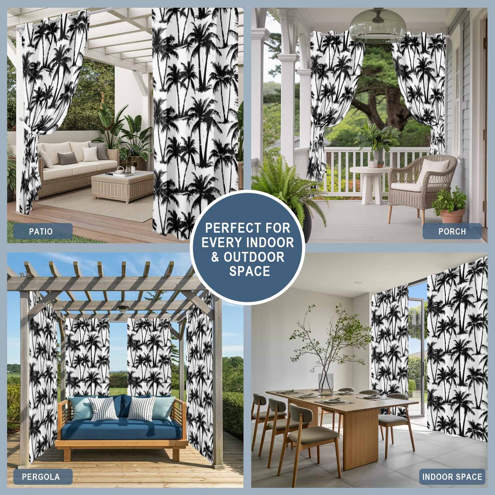 Summer Beach Palm Outdoor Curtains for Patio, Tropical Country Coastal Seaside Black Tree Silhouettes Sunshade Privacy Drapes Grommet Waterproof Outside Curtains for Porch Balcony 54"x108", 1 Panel