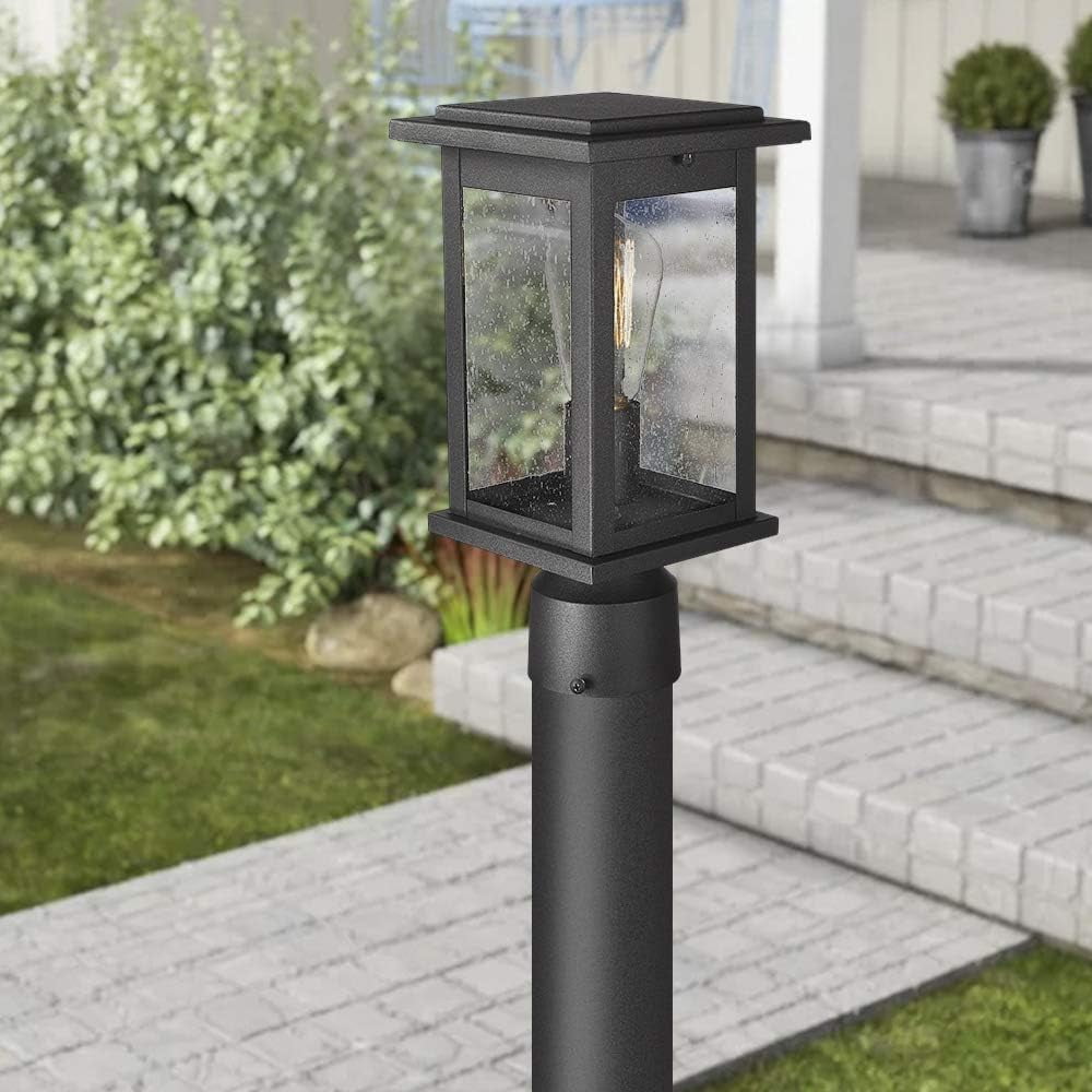Emliviar Outdoor Post Light Fixtures, 12" Pillar Light in Black Finish with Seeded Glass, E26 Base, 1803EW1-P