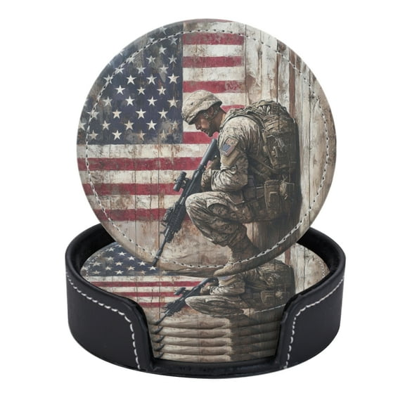 PU Leather Coasters for Drinks Bar Beer,Set of 6 with Holder,Round Housewarming Gift,American Soldier Holding Rifle