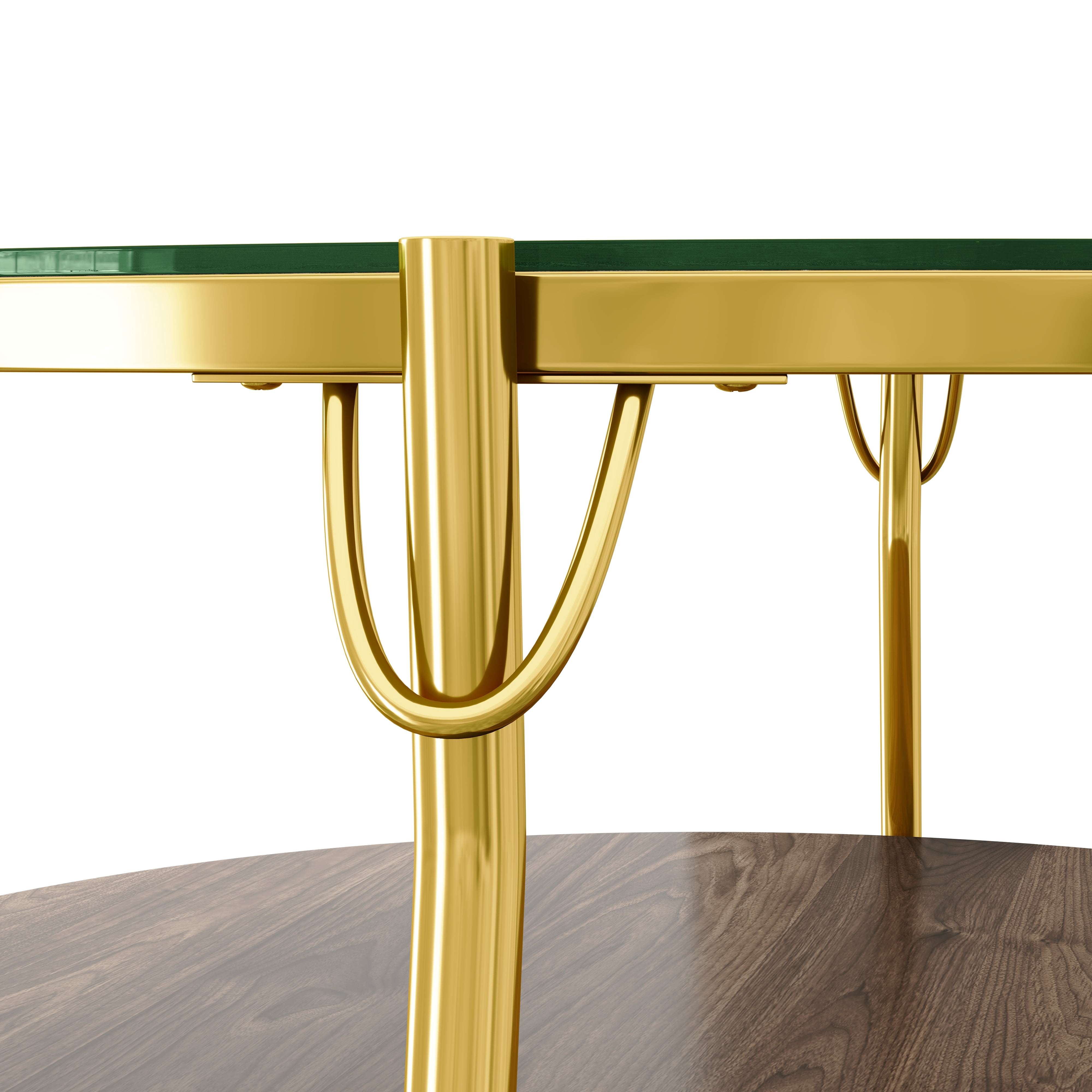 TesNus Modern Round 2-Tier Coffee Table with Glass Top, 29.9" Walnut Accent Table with Gold Metal Base for Living Room