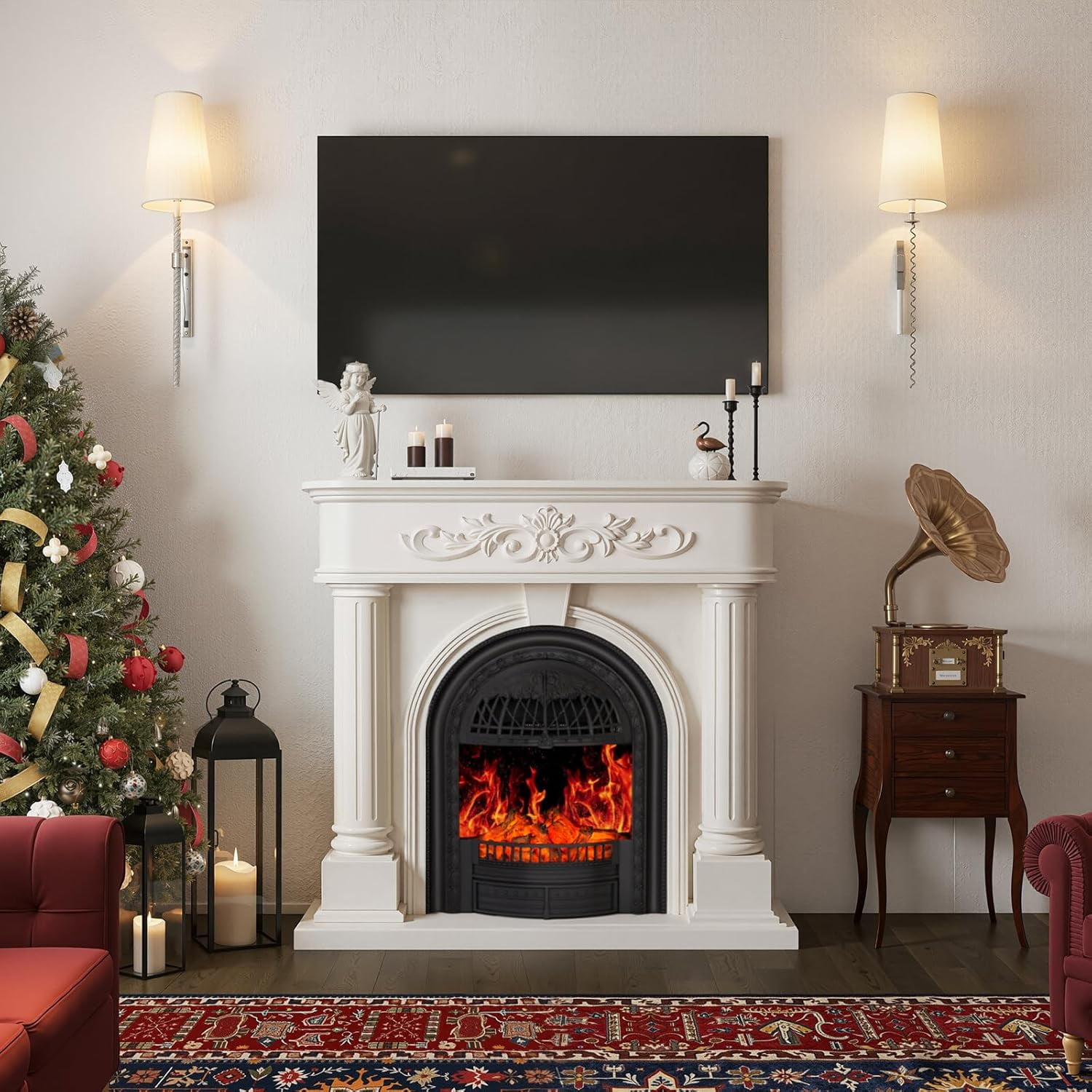 BOSHIRO 50” Electric Fireplace with Mantel, Solid Wood Roman Column TV Stand with Birdcage Heater Insert, Fireplace for Living Room, Bedroom & Entryway