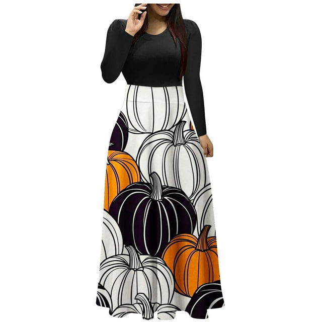 Enjoytime Robes d'Halloween pour Femmes Vintage Imprimé Manches Longues Col Rond Longue Robe Patchwork Élégante Robe d'Invitée de Mariage Orange P