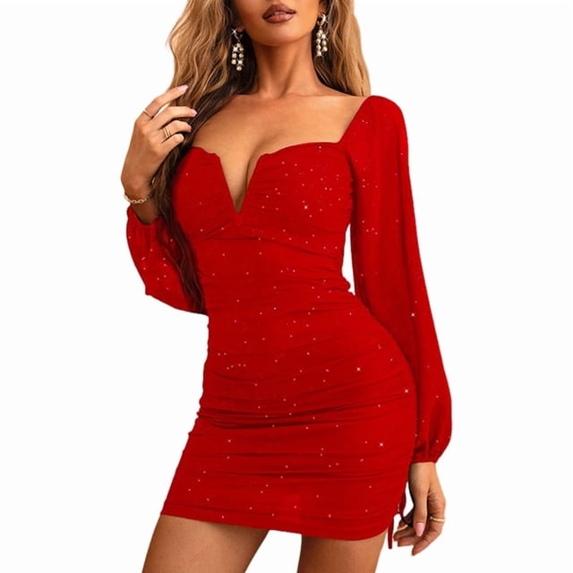 Robe Moulante à Manches Longues à Col en V Profond Style Hepburn pour Femme Courte Rouge P