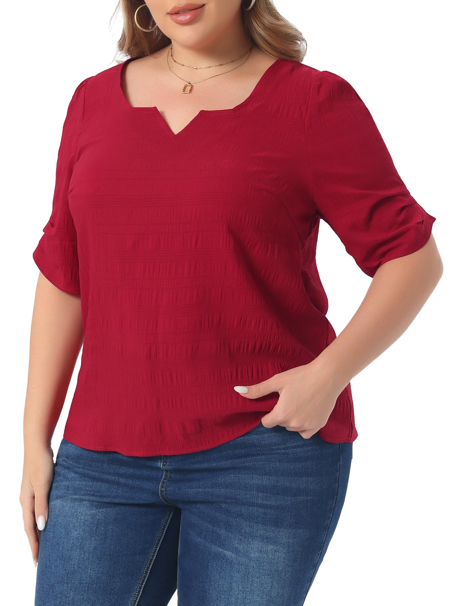 DARING DIVA Women's Plus Textured Notched V Neck Blouse 3X Burgundy