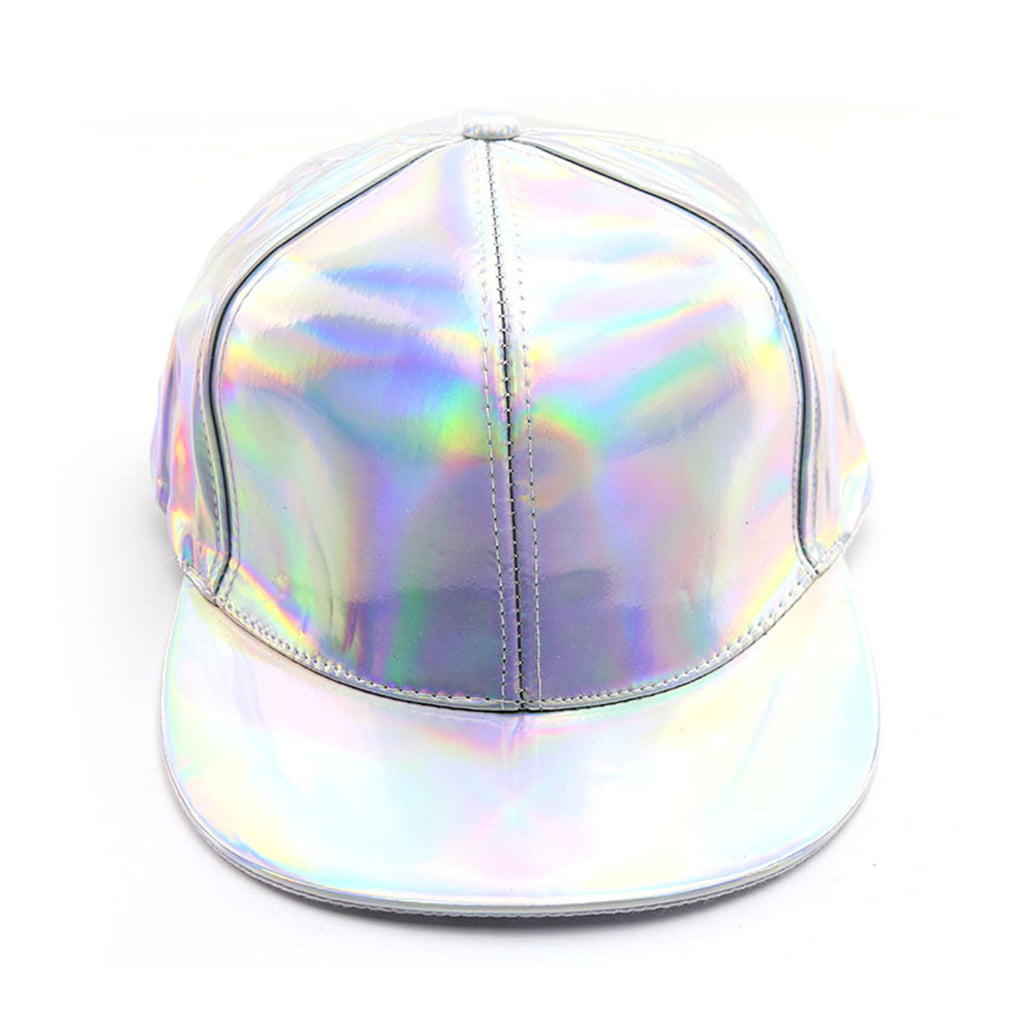 OOKWE Women Men Holographic Faux Leather Baseball Cap Shiny Rave Metallic  Reflective Rainbow Hip Hop Flat-Brimmed Visor Snapback Hat