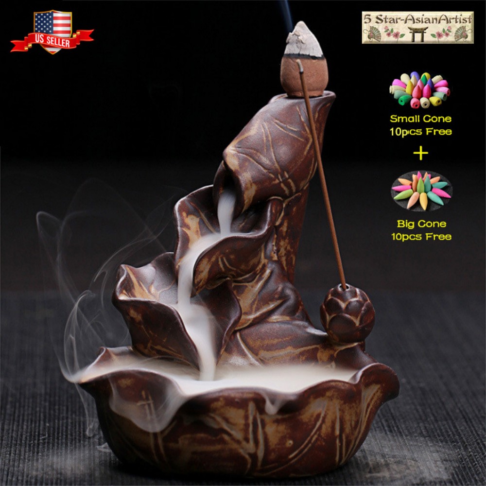 Ceramic Backflow Incense Burner Holder Lotus Waterfall & 20pcs Cones
