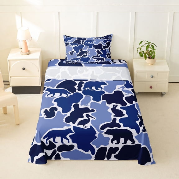 Manfei Cute Bear Twin Sheets,Vintage Camouflage Bedding,Blue,3pcs,1 Fitted Sheet and 1 Pillowcase