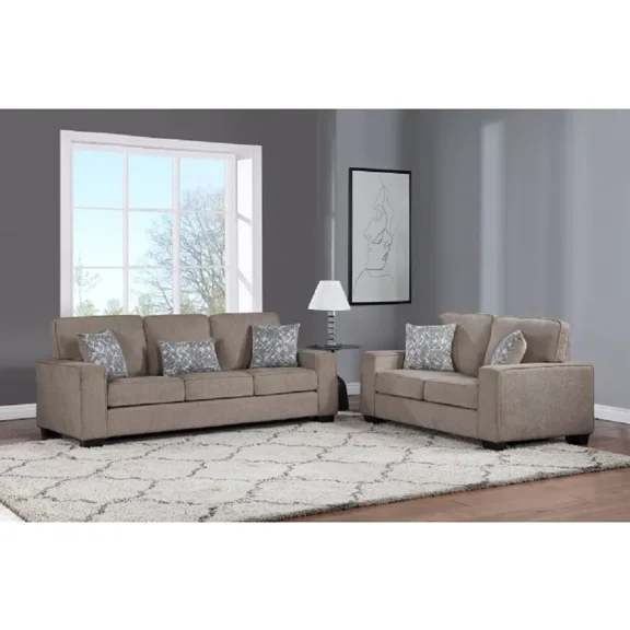 Living Room 2-Piece Sofa Set with Pillows, Fabric Upholstered Sofa and Loveseat, Square Armrest, Brown