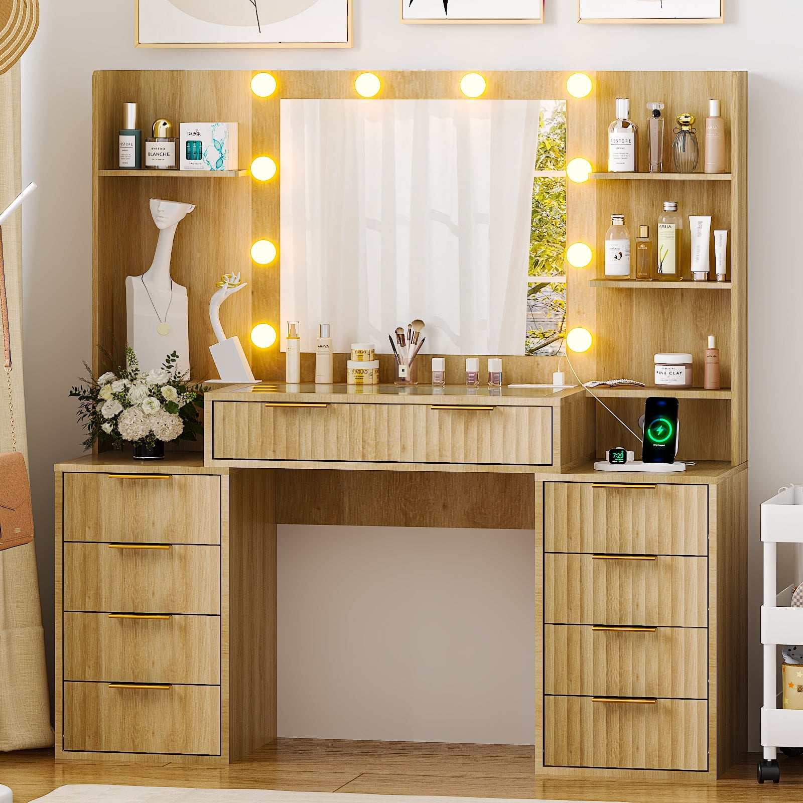 Ktaxon Large Makeup Vanity with 9 Drawers, Flutted Vanity Table Set with Lighted Mirror, Get Ready with Me, Wood Color