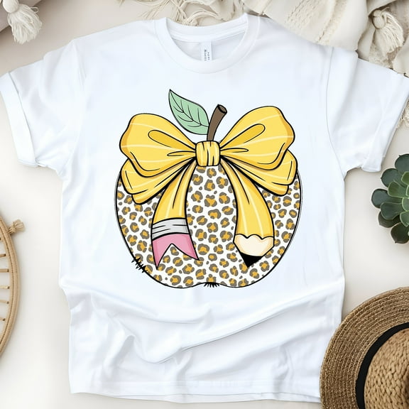 Cheetah Print Apple T-Shirt – Cute Pencil Bow Teacher Life Graphic Tee, White, Size S