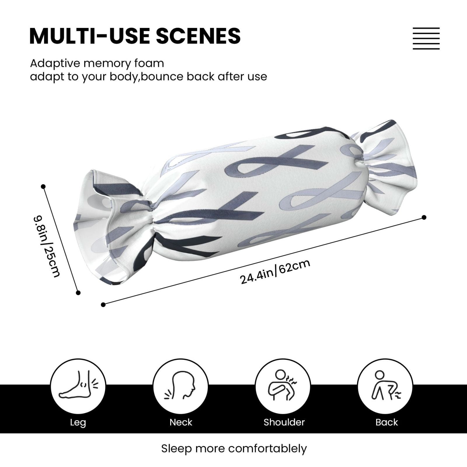 Candy Throw Pillow Travel Cervical Pillow Cylindrical Neck Body Cushion With Insert For Bed Couch Home Decor 9.8x24.4in Cancer Awareness Ribbon Pattern - Grayscale Modern