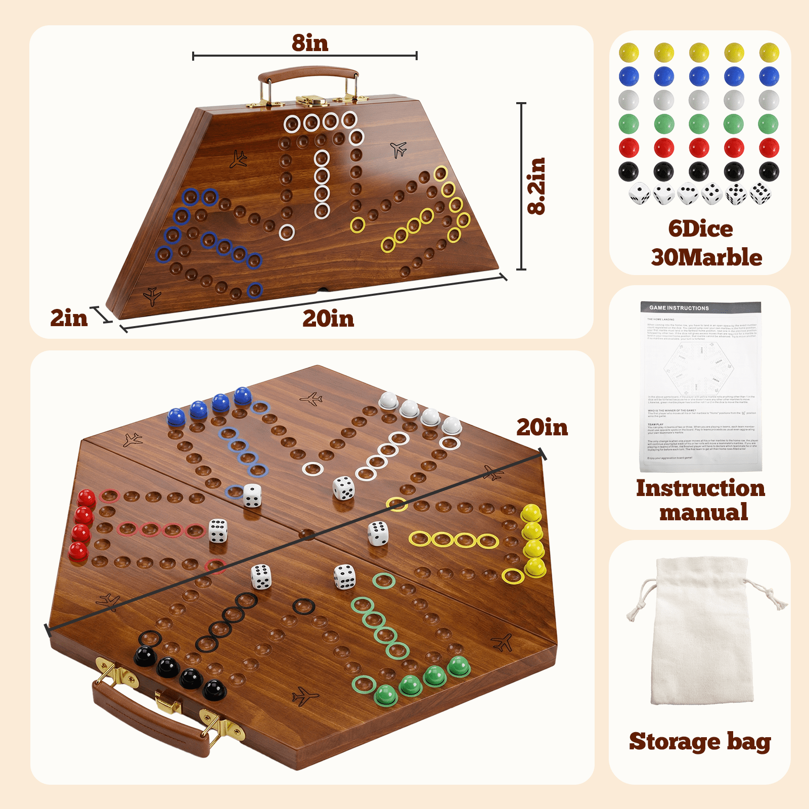 Grhonior Folding Wooden Wahoo Board Game Set Burnt Color 6 Player Integrated Accessory Storage 1 Pack Large 21 Inch