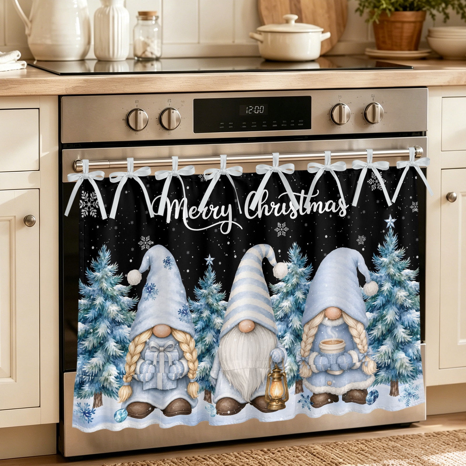 Oven Curtain for Kitchen Christmas Gnome Xmas Tree Stove Curtain With Ruffled Trim Dishwasher Curtains Winter Snowflake on Black Oven Skirt 32 x24