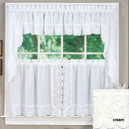 Floral Scallop - Candlewick Scalloped Floral Embroidered Curtain and Swag Set, 24