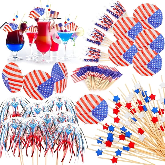 220PCS 4th of July Cocktail Picks USA Flag Drink Umbrellas Fruit Sticks Toothpicks Red Blue White Star Picks for Independence Day Party Drink Decorations, Patriotic Party Food Drink Pick