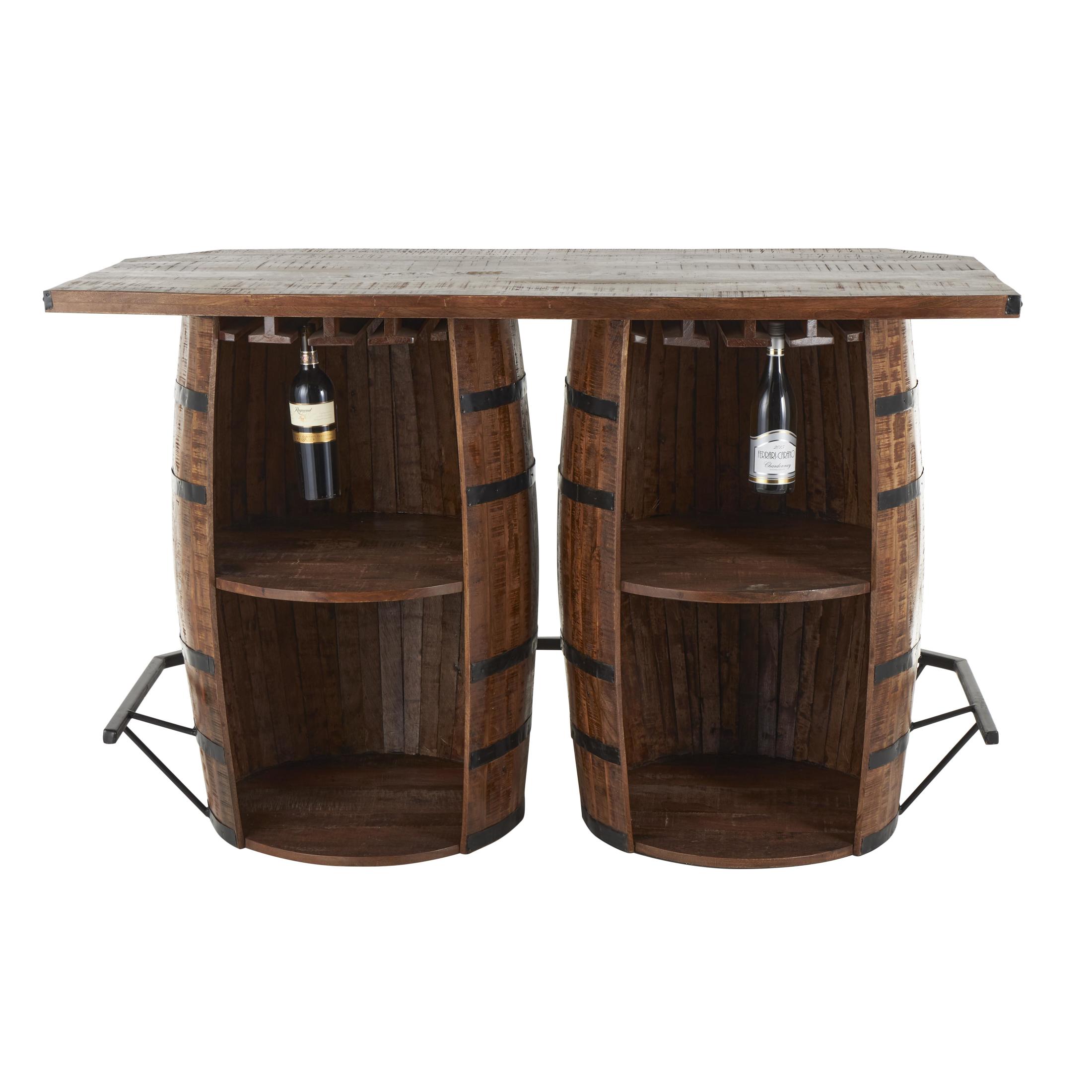 DecMode 63" x 40" Brown Mango Wood Kitchen Barrels Bar with Live Edge Tabletop and Black Metal Support, 1-Piece