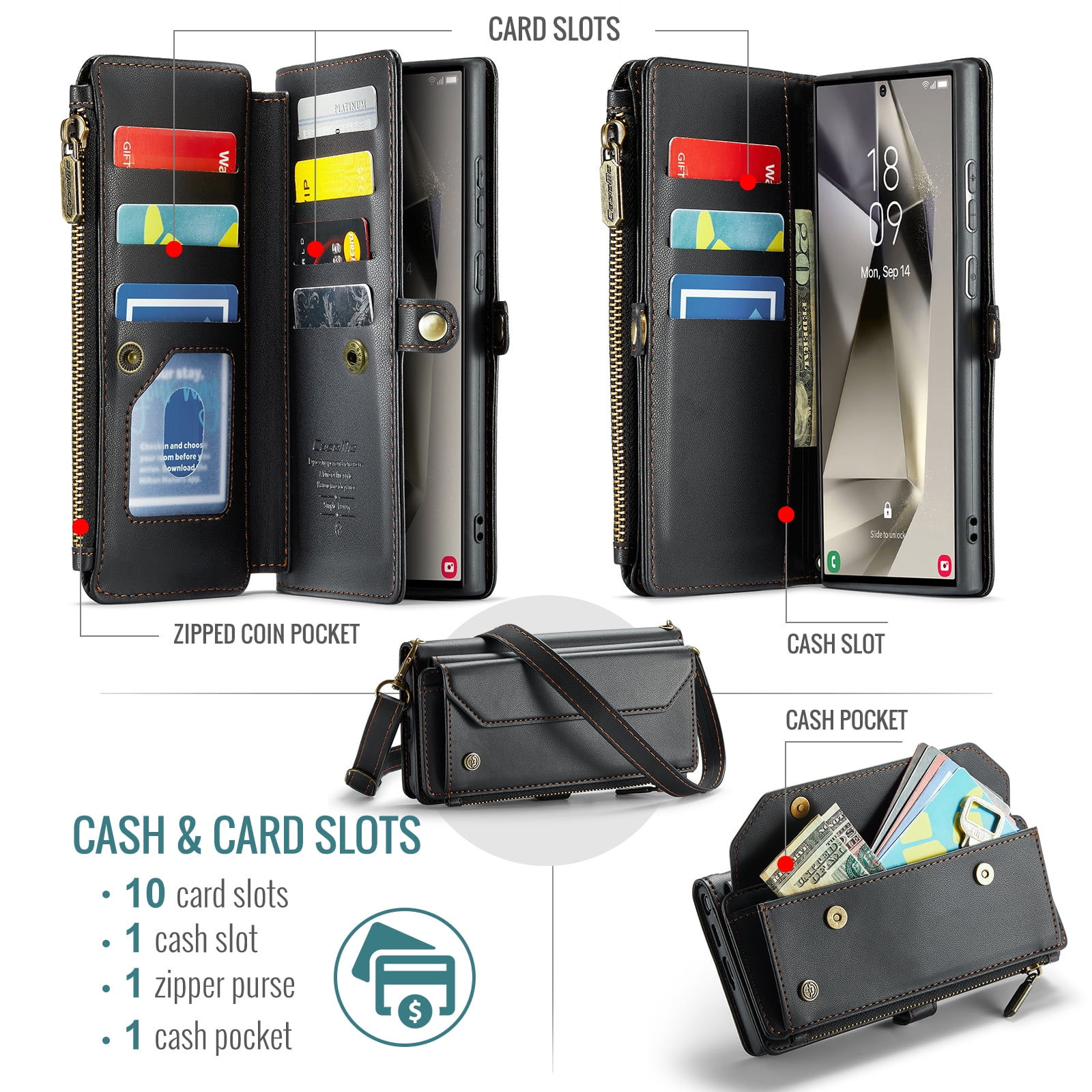 for Samsung Galaxy S22 Ultra Full Body Protection Wallet Folio Flip Case, Shoulder Strap & Wristlet Card Slots Zipper Pocket RFID Blocking Rugged Durable PU Leather Phone Case Cover, Black
