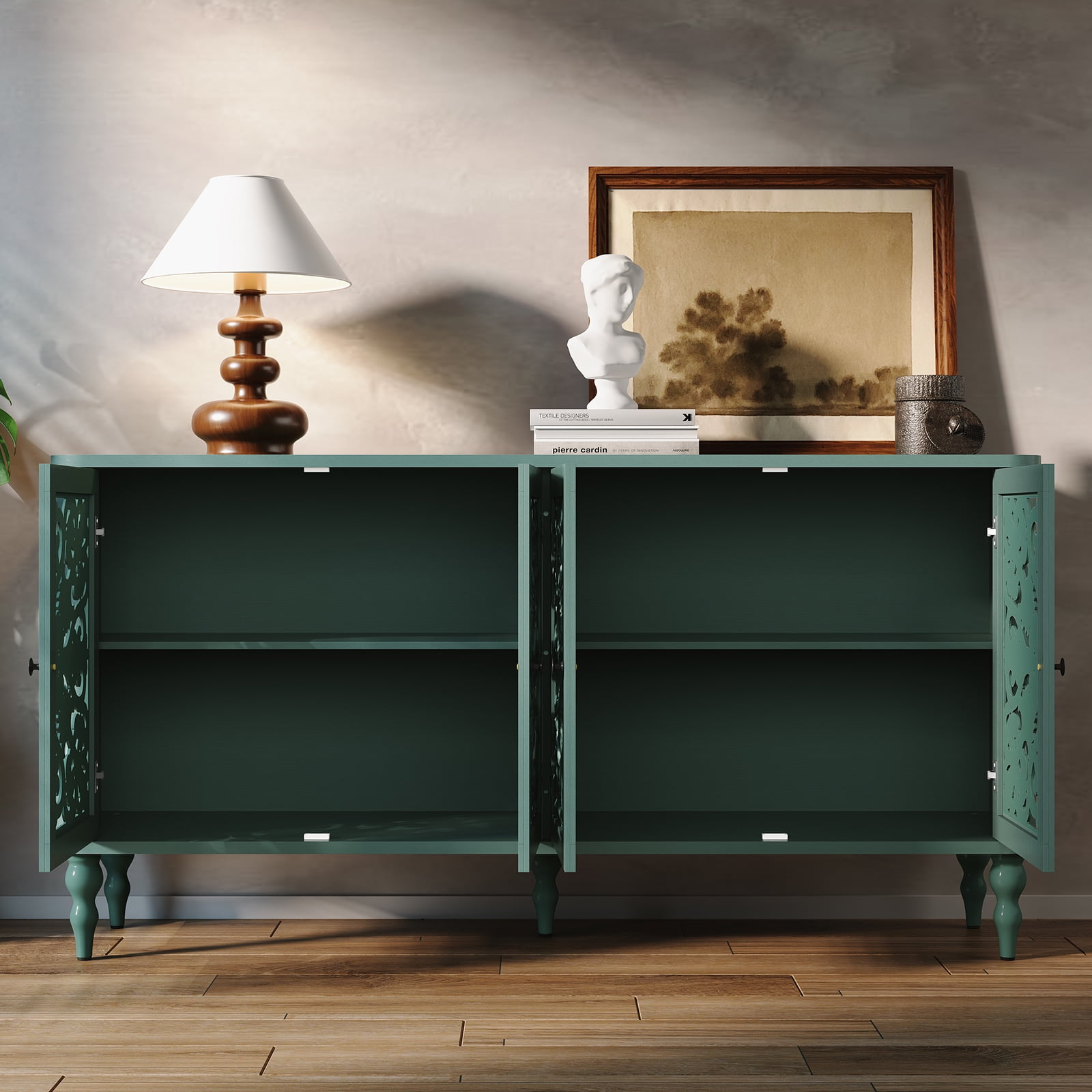 HLR 63" Mid Century Rounded Corners Sideboards Buffets Cabinet with 4 Doors Storage for Kitchen Dining, Green