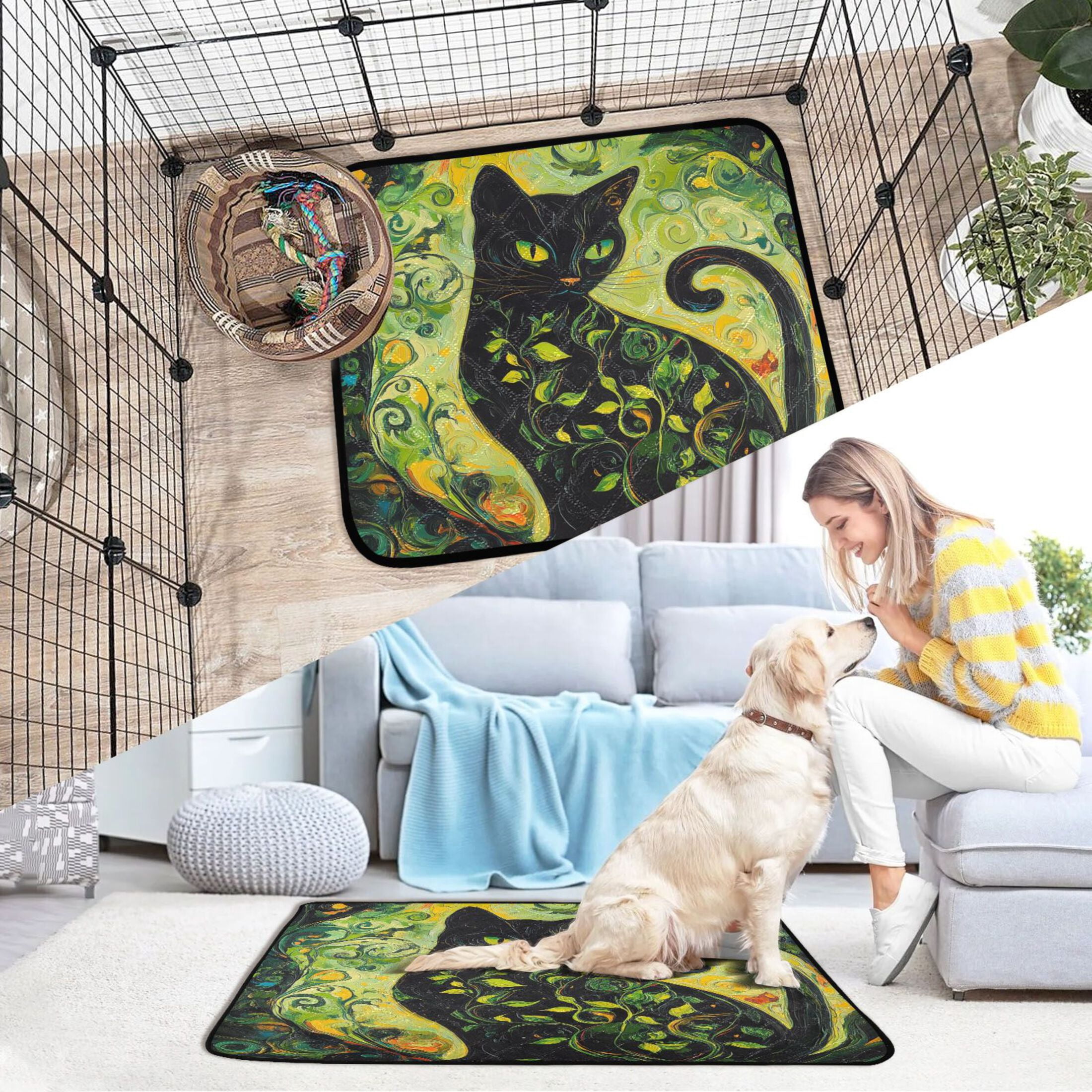 Qxltty Black Cat with Vines Cat litter Pads Pet Set of 3 Diaper Mats Center Anti-leakage Layer Absorbent Soft and Comfortable