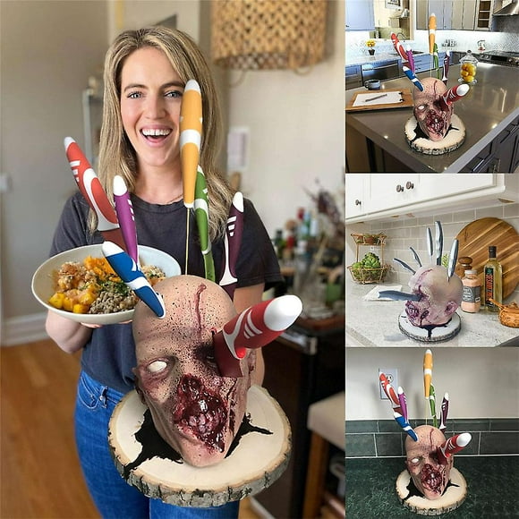 Horror Head Shape Kitchen Holder, Zombie Knife Storage and Halloween Scary Decoration, Creepy Kitchen Knife Holder, Novelty and Fun Party Decorations