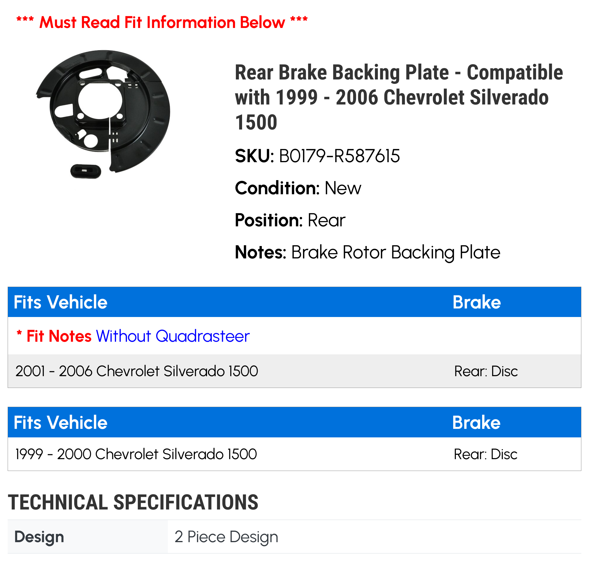 Brakes Rear Rear Brake Backing Plate Set For 1999-2006 Chevy Silverado ...