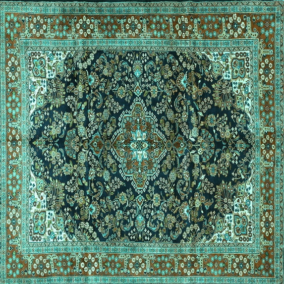 Ahgly Company Indoor Square Medallion Turquoise Blue Traditional Area Rugs, 8' Square