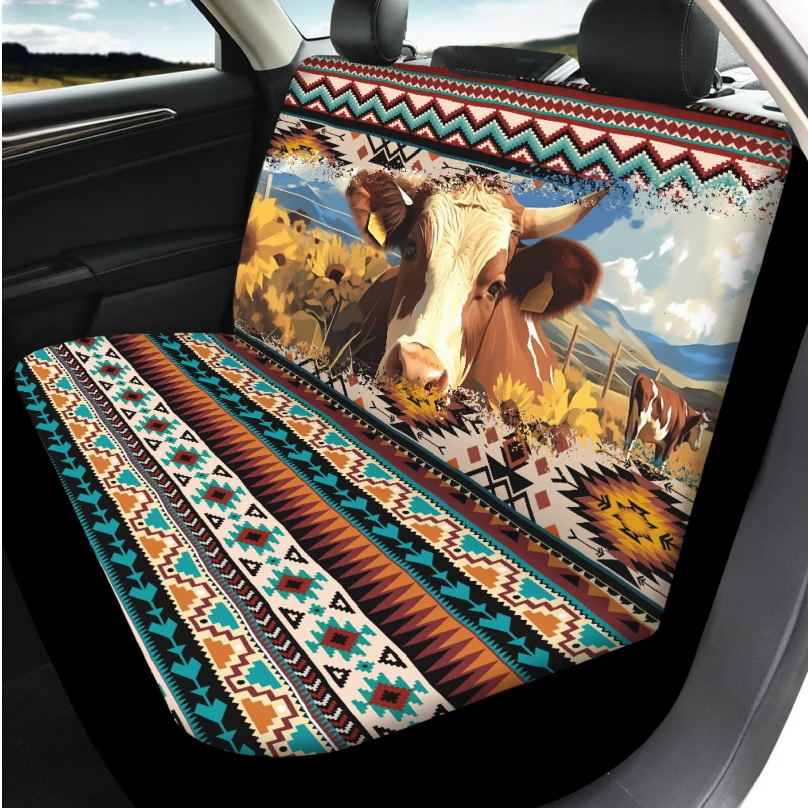 Binienty 14 PCS Aztec Cow Print Vehicle Seat Covers with 15 Inch Steering Wheel Cover Breathable Center Console Cushion Seat Headrest Covers Keychain Vehicle Interior Accessories Set