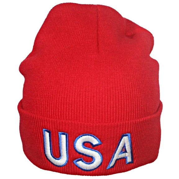 Best Winter Hats Solid Cuffed Beanie W/Embroidered USA W/Border - Red