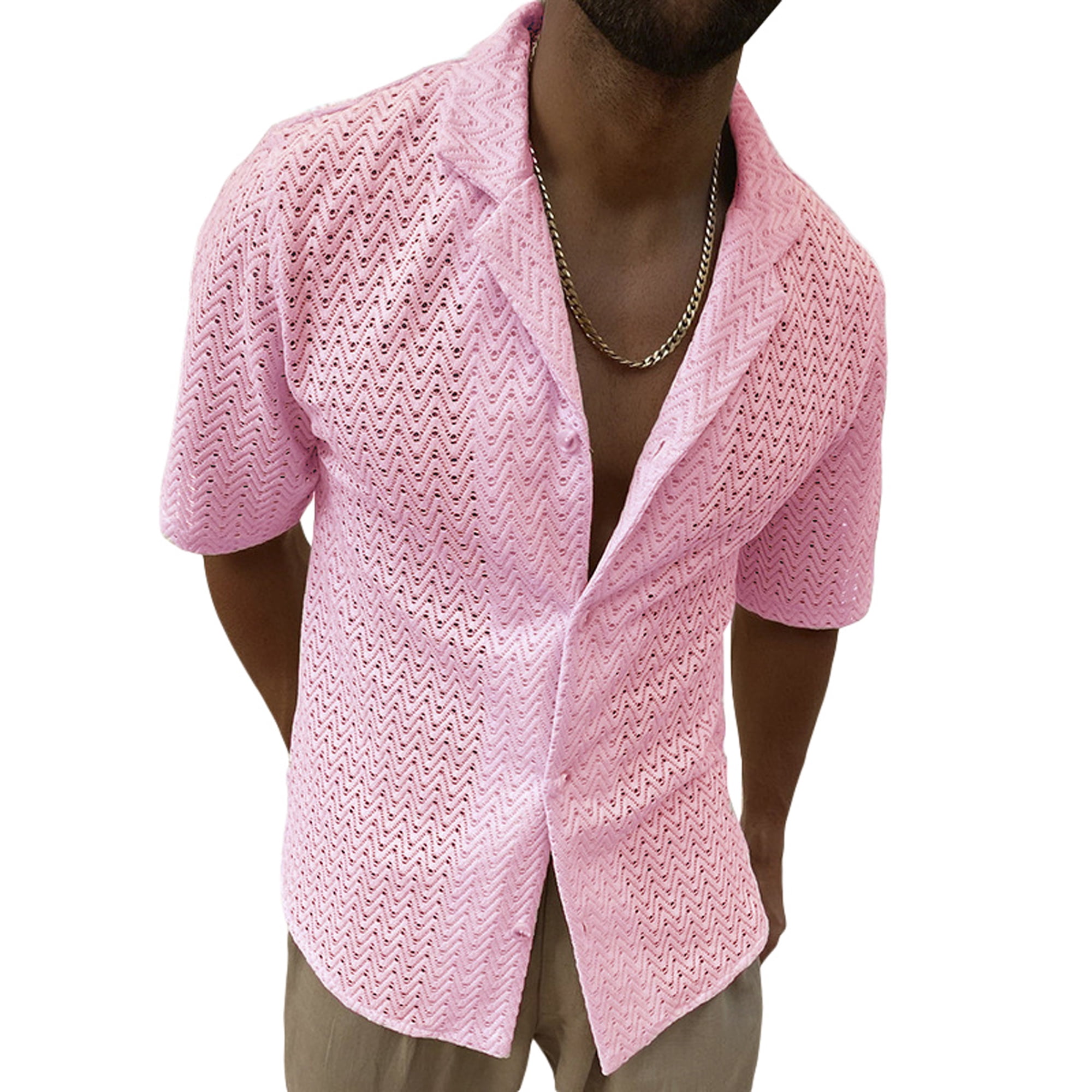 xiaxaixu Men's Lace Shirt, Short Sleeve Turn-down Collar Button