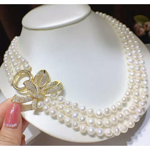 K-KED Triple Strands AAA 7-8mm Genuine South Sea White Pearl Necklace 18 Inch 925s