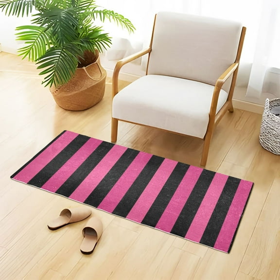 Black Pinkish Narrow Stripes Plush Carpet Non Slip Runner Rug Absorbent Bath Mat 39" x 20"