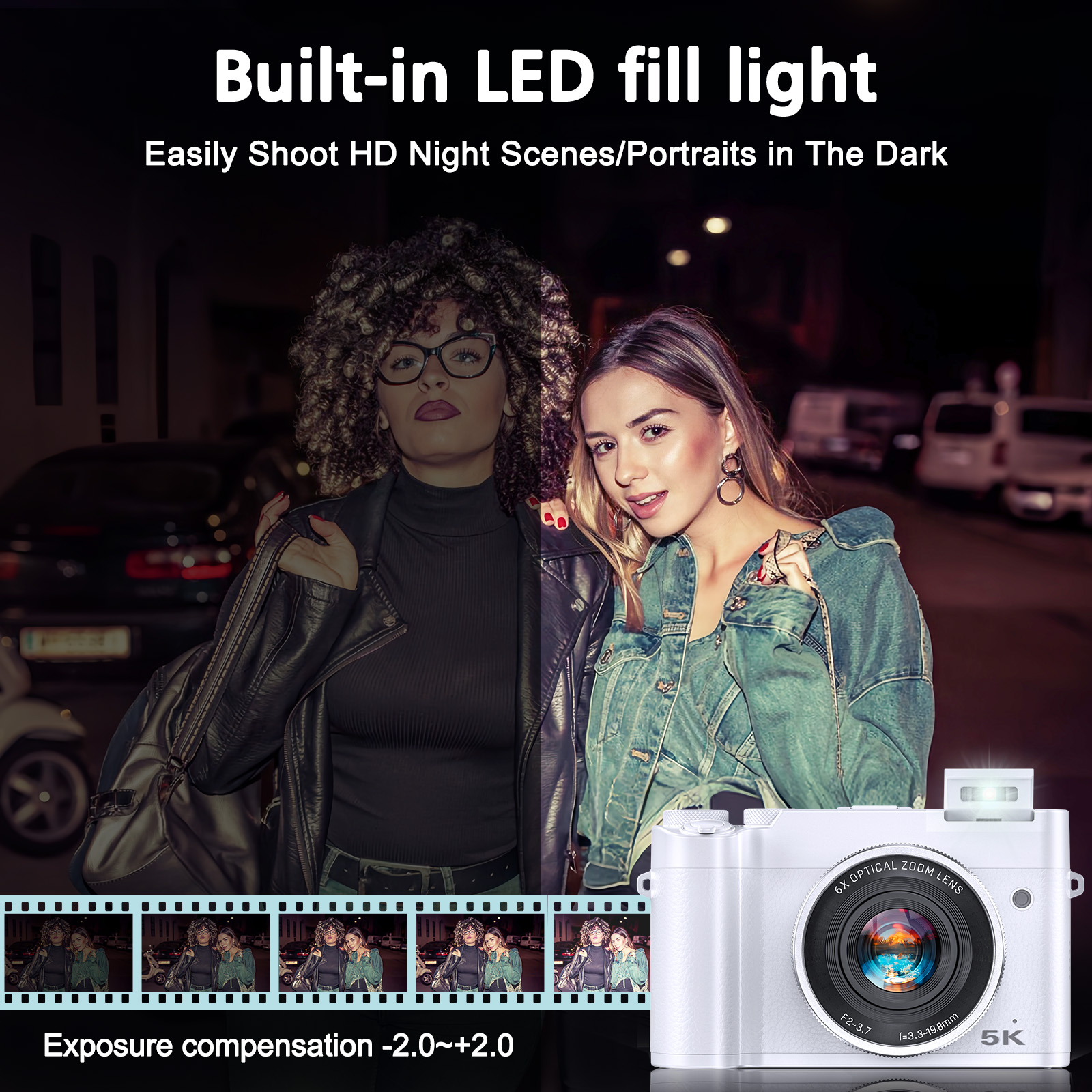 5K 64MP Digital Camera with Dual Front/Rear Lenses - Autofocus, Anti-Shake, Vlogging for YouTube, Includes 64GB SD Card & Flash (White)