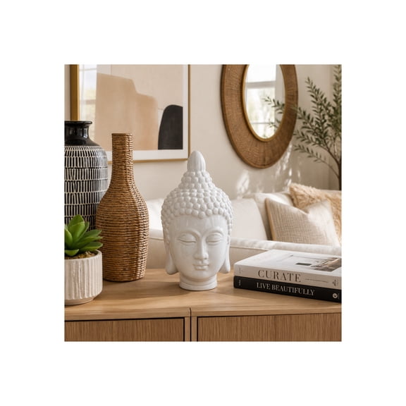 Ceramic Buddha Head Figurine Sculpture for Home Decor - Decorative Statue for Office Desk and Shelf Accent - Modern Ornament Display for Living Room and Coffee Table Decor - 10", White
